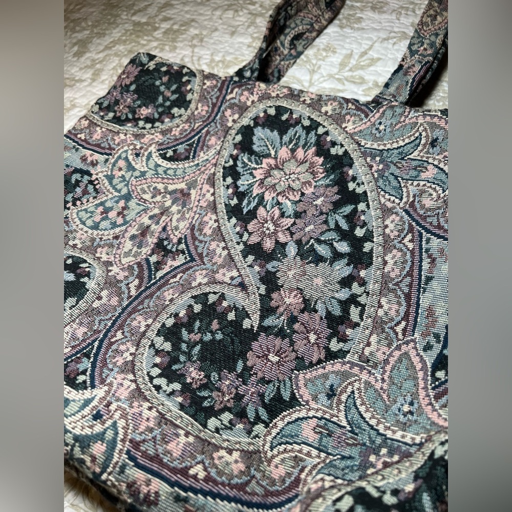 Vintage 90s Floral Tapestry Carpet Tote Bag Handbag Cottagecore Grannycore - Picture 2 of 13
